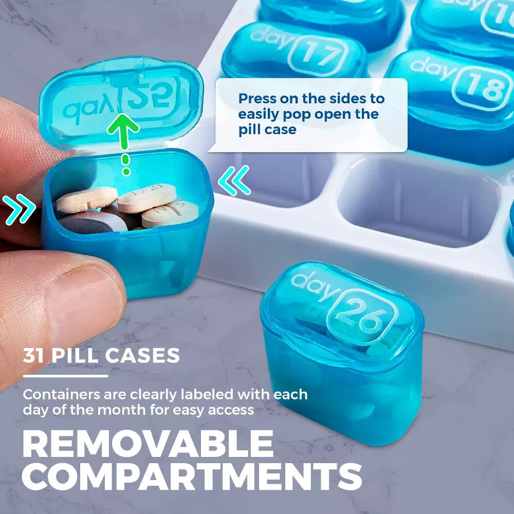 🔥Last Day 49% OFF -💊Monthly Pill Organizer with Lid - Arthritis-Friendly Easy-Open Lids 31 Removable Daily Pill Pods Date Reminder & Travel Case for Vitamins & Medications