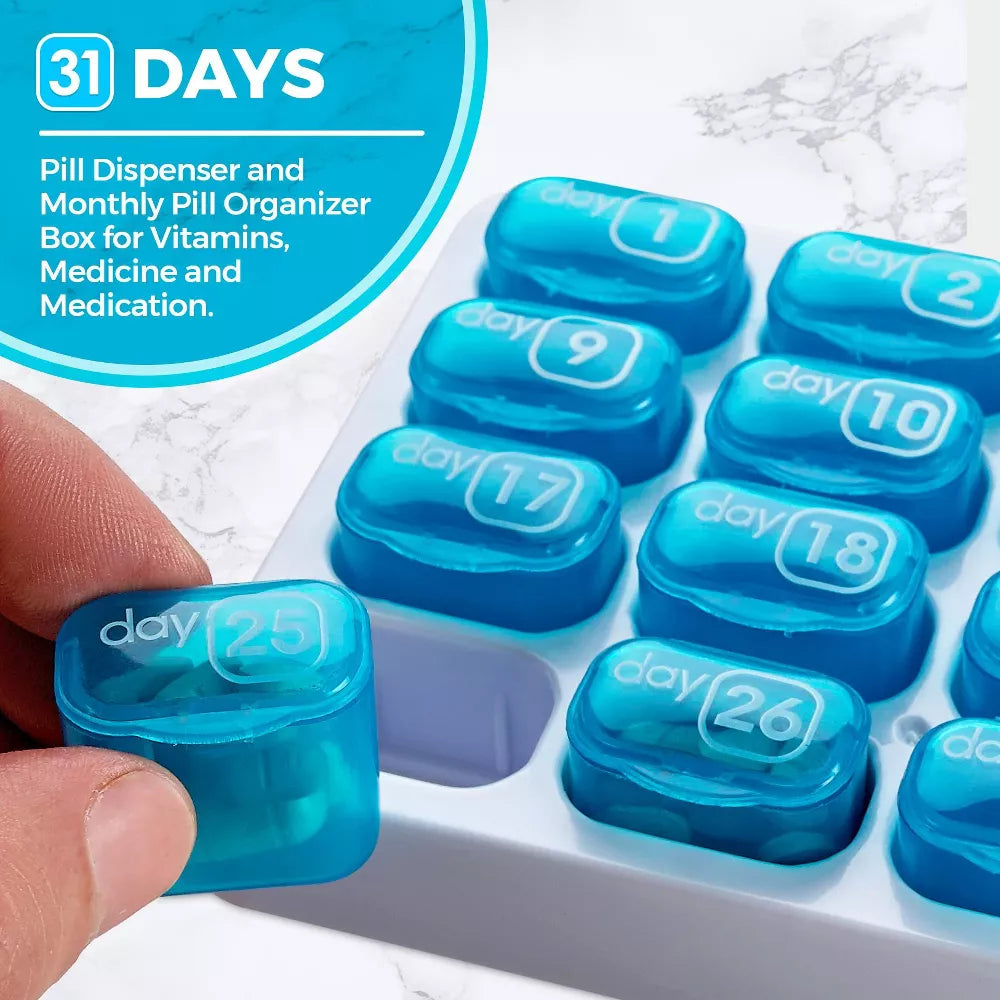 🔥Last Day 49% OFF -💊Monthly Pill Organizer with Lid - Arthritis-Friendly Easy-Open Lids 31 Removable Daily Pill Pods Date Reminder & Travel Case for Vitamins & Medications